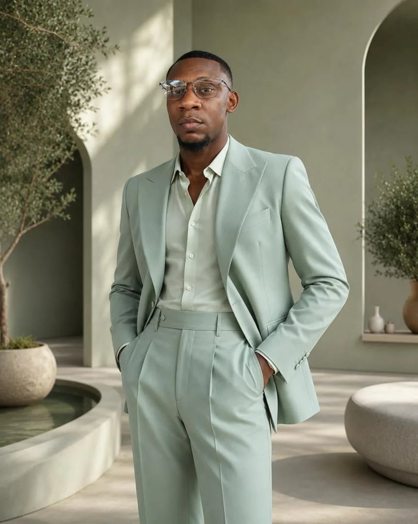 j BOLD in a mint suit, photographed in a calm, warmly lit portrait